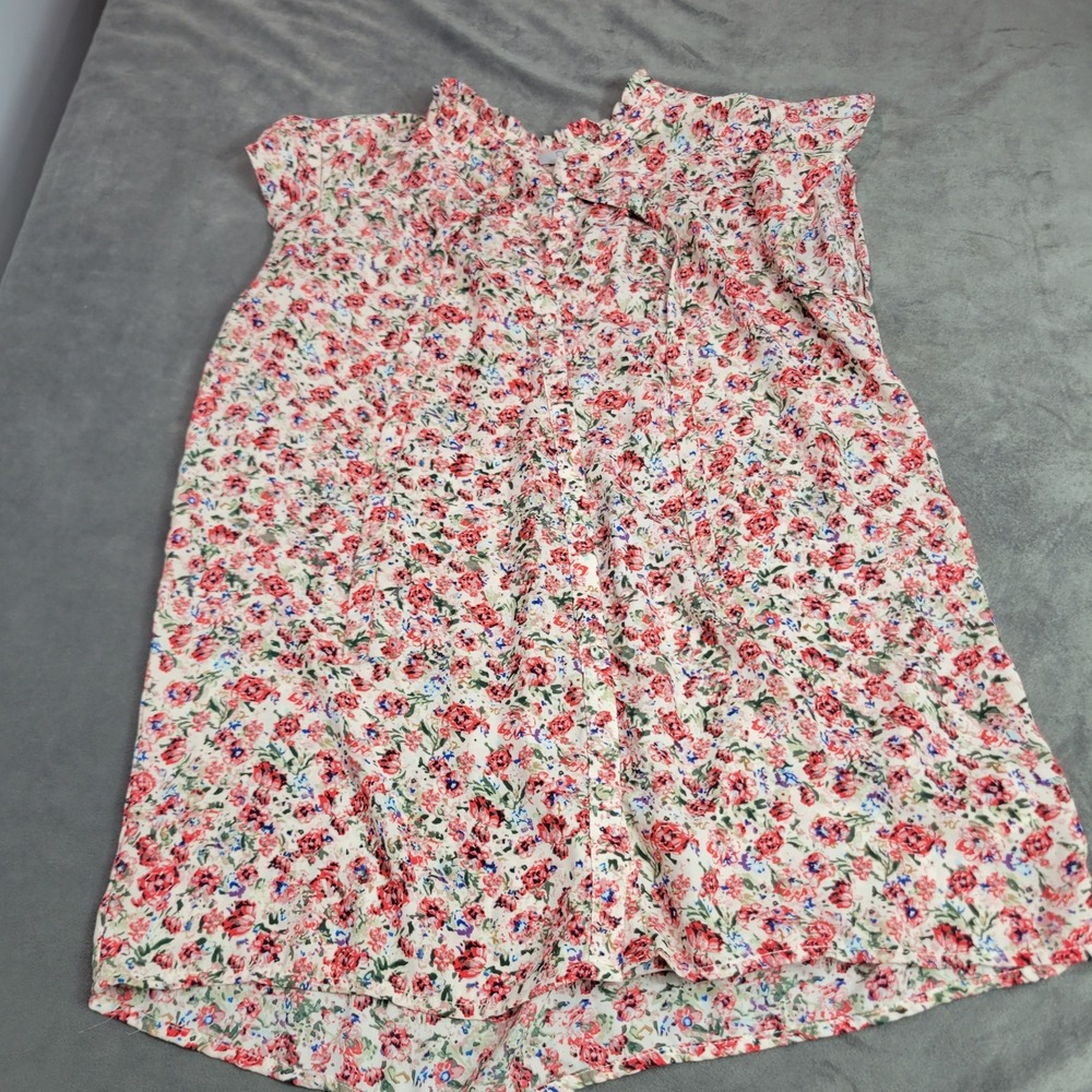 Dalia Womens Floral Ruffle Neck Sleeveless Button Front Blouse Red Cream M